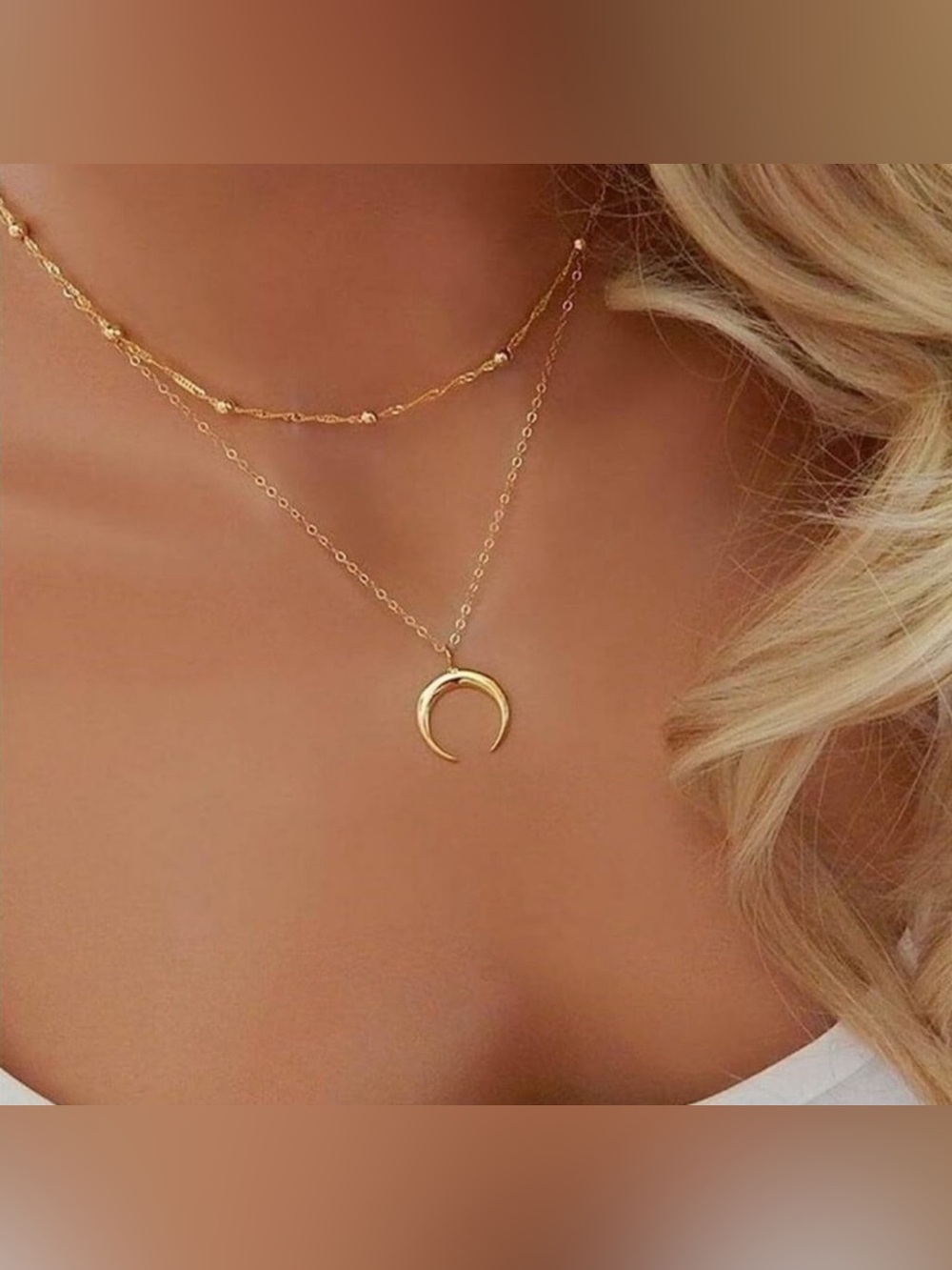 14k Gold Plated Beaded Moon Pendant Necklace